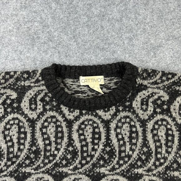 Vintage Cattivo Sweater Mens Medium Black Gray Paisley Shetland Wool Knit 80s - Picture 3 of 8